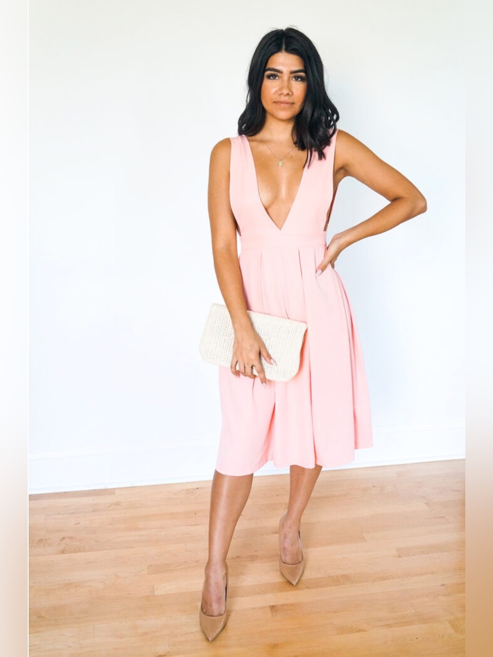 Pink Plunge V Neck Midi Dress - Picture 2 of 9